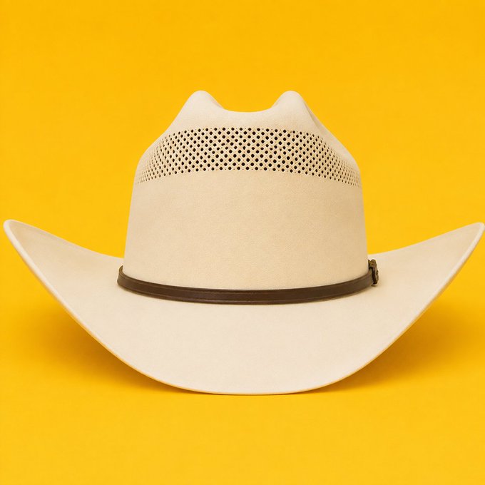 A cream-colored cowboy hat with a brown leather band and mesh ventilation panel displayed against a bright yellow background.