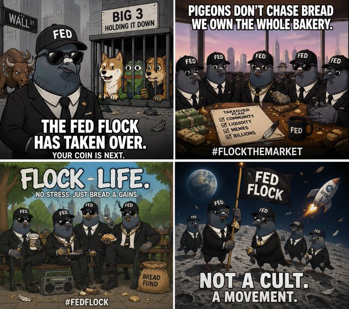 A four-panel cartoon meme featuring pigeons wearing "FED" caps and suits, with captions like "THE FED FLOCK HAS TAKEN OVER," "PIGEONS DON'T CHASE BREAD," "FLOCK-LIFE," and "NOT A CULT. A MOVEMENT."