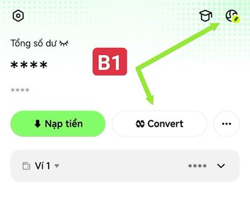 A screenshot of a crypto wallet interface shows "Tổng số dư" (Total Balance) with hidden values, featuring highlighted "Convert" and "B1" buttons alongside "Nạp tiền" (Deposit) and wallet options on the V1 network. The image illustrates the convert/bridge feature being advertised for transferring funds to Robinhood via the GMGN app.