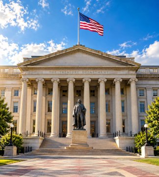 A grand neoclassical government building with tall columns features an American flag flying on top and a statue standing at the entrance under a blue sky.