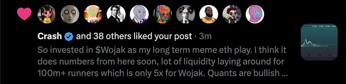A social media screenshot shows a post with 39 likes from Crash and others, reading: "So invested in $Wojak as my long term meme eth play. I think it does numbers from here soon, lot of liquidity laying around for 100m+ runners which is only 5x for Wojak. Quants are bullish..." alongside a small chart graphic, reflecting the post's bullish sentiment on the $Wojak meme token.