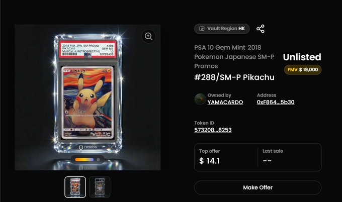 A Renaiss Marketplace listing for a PSA 10 Gem Mint 2018 Japanese SM-P Promos Pikachu card (#288/SM-P), token ID 573208...8253, showing a top offer of $14.1 with the FMV listed at $19,000. The image illustrates the new feature described in the post, displaying the offer amount directly on the card page next to the "Make Offer" button.