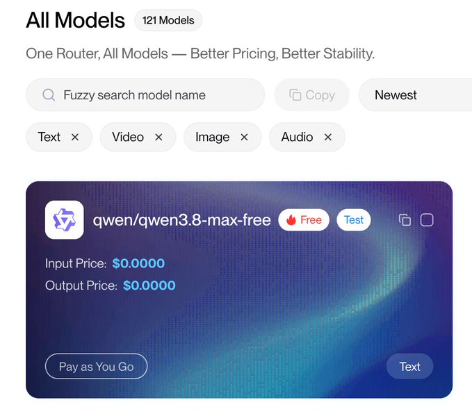 The image shows a TokenRouter "All Models" page displaying the qwen/qwen3.8-max-free model with a flame icon labeled "Free," $0.0000 input and output prices, and a "Pay as You Go" badge. This visually confirms the post's announcement that Qwen3.8-max is now available for free use on the platform, requiring only registration to access.