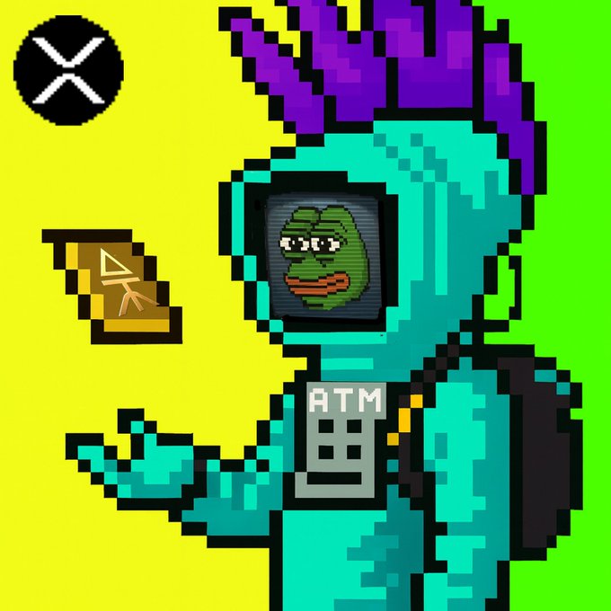 A pixel art illustration of a teal-colored character with a Pepe the Frog face on a screen for a head, purple spiky hair, an ATM on its chest, and an XRP coin floating nearby, set against a split yellow and green background.