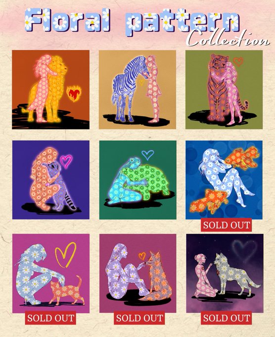 The image showcases a "Floral Pattern Collection" featuring nine colorful, stylized illustrations of humans embracing various animals (lion, zebra, tiger, monkey, bear, etc.) adorned with floral motifs, with four pieces marked "SOLD OUT" and remaining listings including Tiger (5/10) at 30 XTZ and Raccoon (9/10) at 30 XTZ.