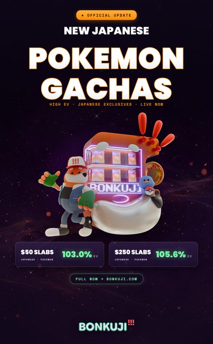 A promotional graphic for BONKUJI announces new Japanese Pokémon gachas, highlighting $50 and $250 SLAB options with 103.0% and 105.6% EV respectively. The design features a cartoon dog and creature mascot standing beside a glowing gacha capsule labeled "BONKUJI," matching the update about the live launch on bonkuji.com.