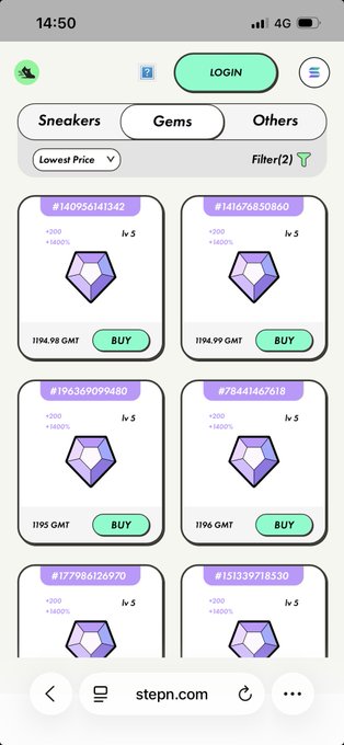 A mobile webpage from stepn.com showing a marketplace of digital gem items filtered by 'Lowest Price' under the 'Gems' category, with multiple 'BUY' options listed at various GMT prices.