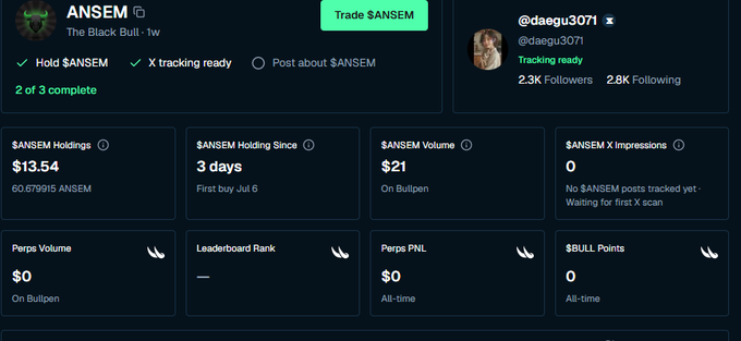 A screenshot of a trading dashboard showing $ANSEM token holdings of $13.54 (60.679915 ANSEM), held for 3 days, with a 'Trade $ANSEM' button and an X account (@daegu3071) showing 'Tracking ready' with 2.3K Followers.