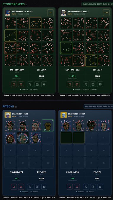 A dark-themed digital interface or dashboard displaying grids of pixel art characters under categories 'STONKBROKERS' and 'PITBOYS', showing various statistics, numbers, and 'SHIFT' buttons.