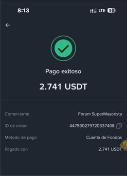 The image shows a successful payment confirmation screen displaying "Pago exitoso" for 2.741 USDT, purchased from "Forum SuperMayorista" via Binance Pay, aligning with the post about buying on the forum using Binance Pay.