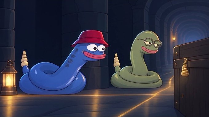 A digital illustration of two cartoon worms—one blue wearing a red bucket hat, the other green wearing glasses—in a stone dungeon with lanterns.
