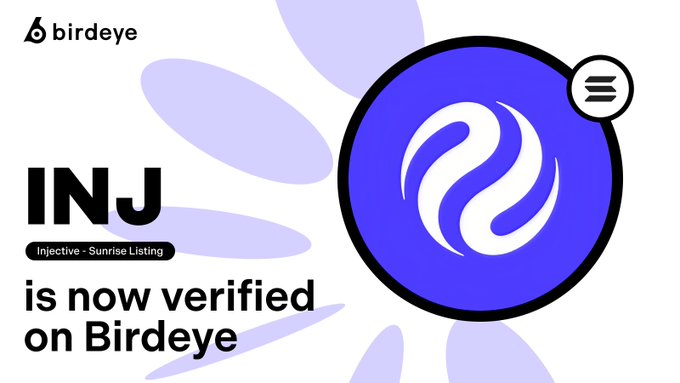 A promotional graphic featuring Birdeye's logo and branding announces that **$INJ (Injective - Sunrise Listing) is now verified on Birdeye**, with a large purple Injective logo and decorative paw-print accents complementing the announcement that INJ is available for trading on Solana via Sunrise.