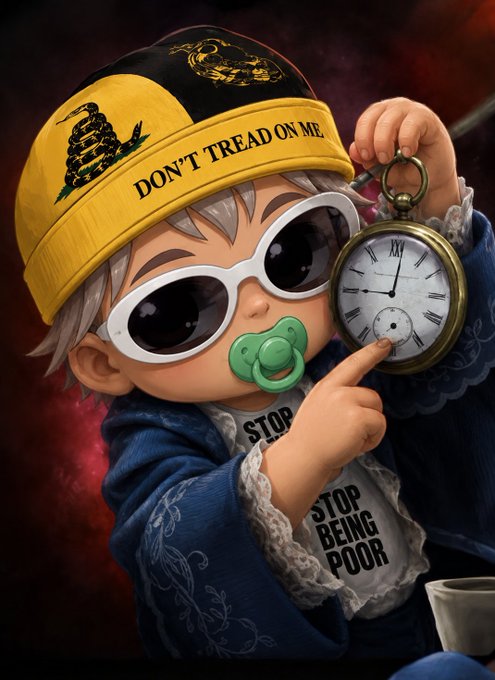 A 3D-rendered illustration of a baby wearing a 'DON'T TREAD ON ME' Gadsden flag hat, white sunglasses, and a pacifier, while holding a pocket watch and wearing a shirt that reads 'STOP BEING POOR'.