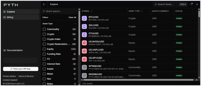 The image shows a screen displaying information about cryptocurrency trading software called Pyth Network. The screen provides details of various financial market data, includingcryptocurrencies such as Bitcoin and Ether, their prices, and different types of assets like equities and forex. It also includes options for searching through the data and selecting the specific asset or currency type to view its current price.

The post discusses how one could access this live financial information without paying anything, providing an opportunity for users to explore multiple markets and make informed trading decisions at no cost. The image also showcases a list of features available within the software, which may include tools such as charting and risk management capabilities.