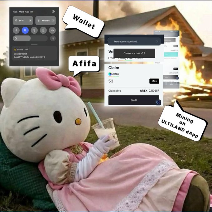 A Hello Kitty plush in a pink dress lounges with a drink against a backdrop of a burning house, surrounded by screenshots showing "Wallet," "Afifa," "Mining on ULTILAND dApp," a "Claim successful" notification, and ARTX rewards of 53 tokens (claimable 0.110657). The surreal scene visually reinforces the post's message about earning ARTX mining rewards through the ULTILAND dApp ecosystem.