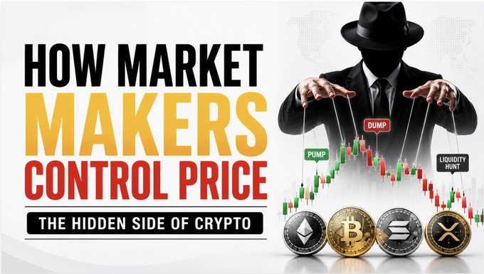 A graphic titled 'HOW MARKET MAKERS CONTROL PRICE: THE HIDDEN SIDE OF CRYPTO' showing a figure manipulating candlestick charts labeled 'PUMP', 'DUMP', and 'LIQUIDITY HUNT' above various cryptocurrency logos.