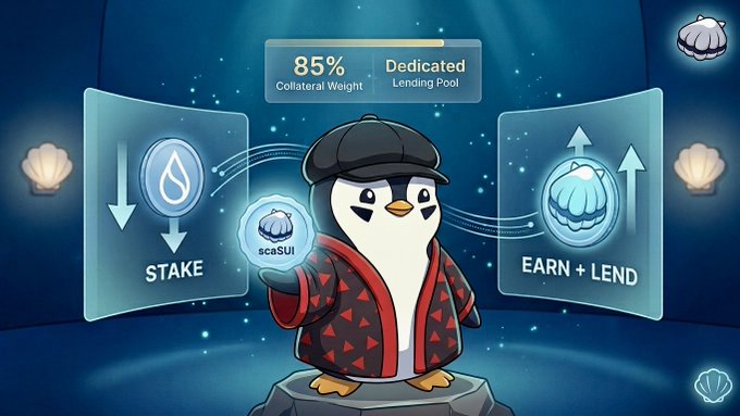 A cartoon penguin mascot in a flat cap and patterned cardigan promotes a crypto staking/lending platform, showing '85% Collateral Weight', 'Dedicated Lending Pool', 'STAKE', and 'EARN + LEND' with scaSUI tokens.