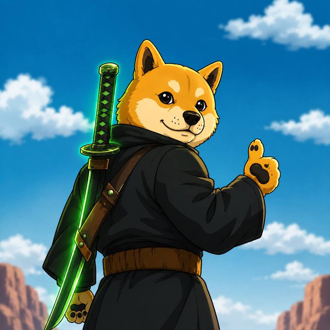 An anime-style Shiba Inu dog wearing dark samurai robes gives a paw gesture while carrying a glowing green katana on its back, set against a desert sky with rocky terrain.

The image relates to the post as the Shiba Inu (Hachiko, a breed famous for loyalty) appears ready for action with a glowing sword, matching the "It's time" rallying cry for the $HACHIKO token on the $BNB network.