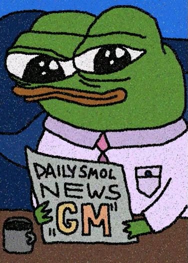 A cartoon frog in a shirt and tie sits at a desk holding a newspaper titled 'DAILY SMOL NEWS' with the headline 'GM', next to a coffee mug.