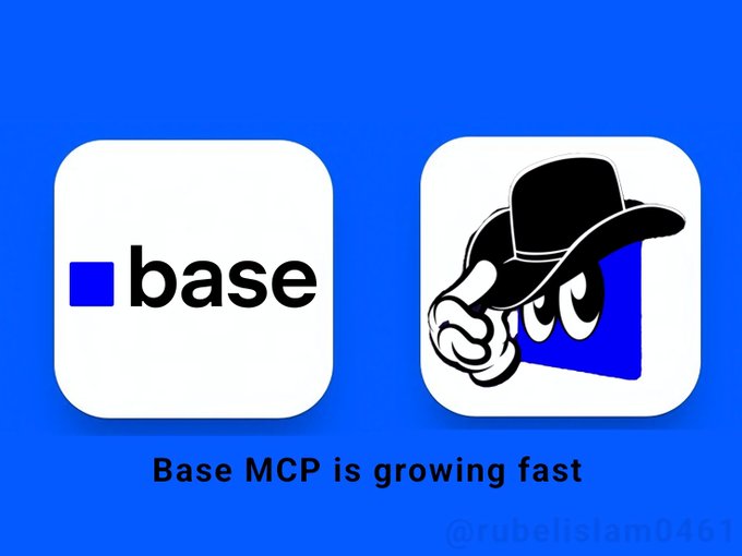 Blue promotional graphic showing Base logo next to a cowboy-hatted character with text 'Base MCP is growing fast' and watermark @rubelisl...