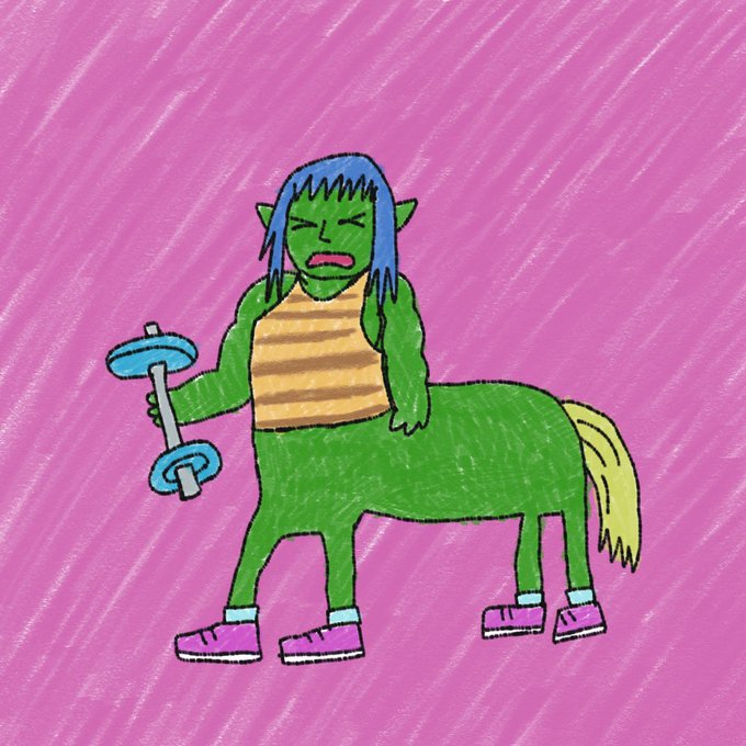 A green centaur-like figure with blue hair, pointy ears, and a yellow tail strains while lifting a blue dumbbell, set against a scribbled magenta background.