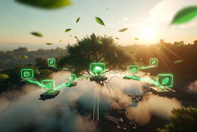 A lush green tree sits atop floating circuit-board platforms, with glowing holographic leaves and icons hovering around it as sunlight breaks through a misty forest canopy. The image visually represents Canopy's message of independent infrastructure for AI projects, symbolizing organic growth built on self-owned, secure technological "rails" rather than relying on external foundations.