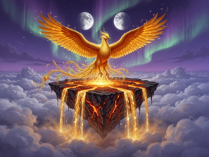 The image features a painting of a golden eagle with its wings spread wide, perched atop an island surrounded by lava flows. The background of the painting is a dark purple sky filled with stars, creating a dramatic atmosphere. Below this celestial scene, there are two full moons visible in the top left corner and a smaller moon located at the bottom right corner. The image also includes text that reads "JUNE AIART #AIart #JuneAI #AIartwork #AI #Privacy #Web3 #AskJuneAI #juneaiart" which provides additional context about the artwork's creator, the medium used for the painting, and possibly some information about the artist or the inspiration behind the piece.