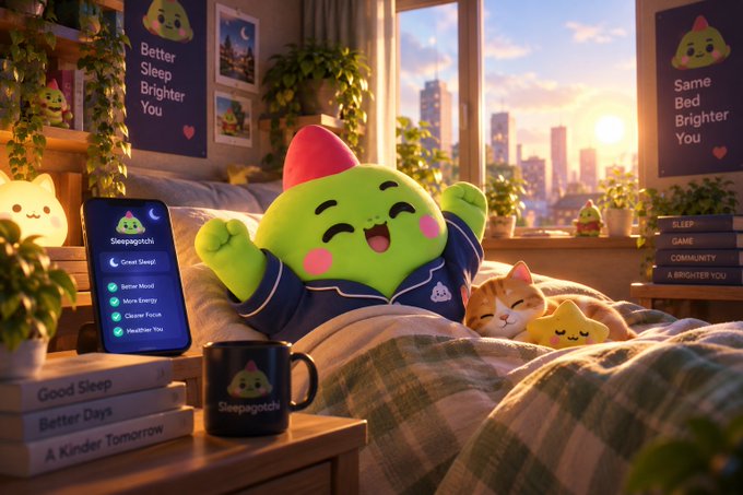 An illustrated green character waking up in bed next to a cat, with a phone showing a 'Sleepagotchi' app interface featuring options like 'Great Sleep!', 'Better Mood', and 'More Energy', alongside books titled 'Good Sleep', 'Better Days', and 'A Kinder Tomorrow'.