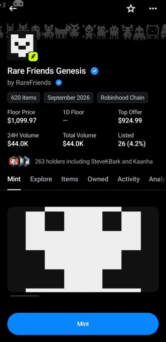 A mobile screenshot of the 'Rare Friends Genesis' NFT collection on Robinhood Chain showing 620 items with a floor price of $1,099.97 and a top offer of $924.99.
