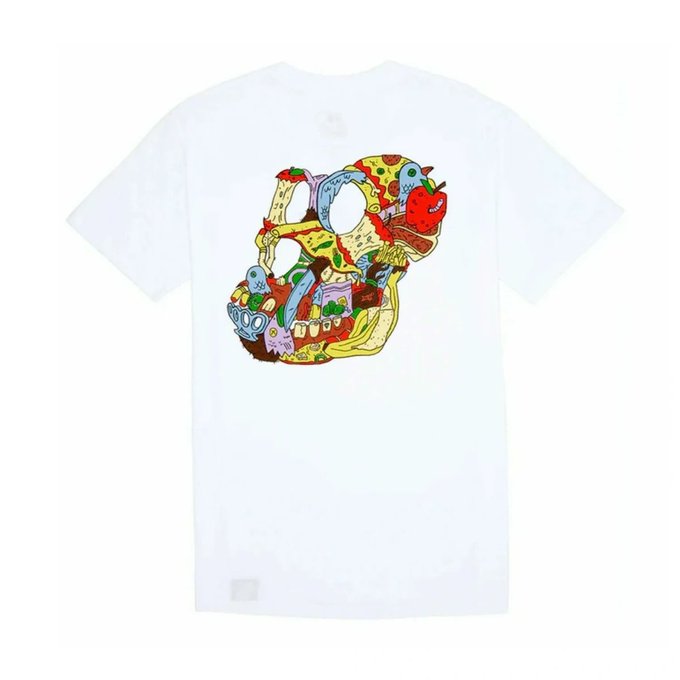 The back view of a white t-shirt featuring a colorful, graffiti-style skull graphic filled with cartoon food items like pizza, burgers, and apples.