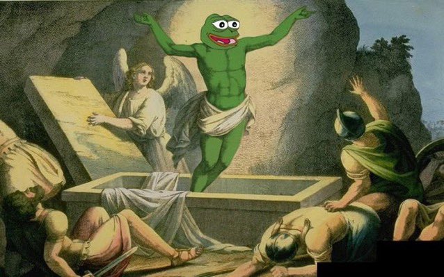 A classical painting of the resurrection of Christ has been humorously edited to replace Jesus with the Pepe the Frog meme, triumphantly rising from the tomb with a heavenly glow behind him—visually riffing on the post's declaration that "The market is ours! $PEPE" by equating the frog's legendary comeback to a spiritual revival of the Pepe token.
