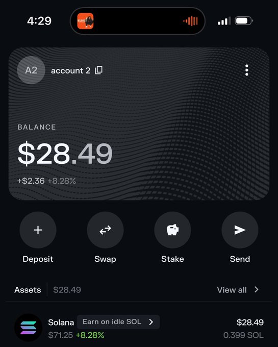 A mobile screenshot of a crypto wallet app showing "account 2" with a balance of "$28.49" in Solana (0.399 SOL, +$2.36, +8.28%), with options to Deposit, Swap, Stake, and Send. The image likely serves as proof of a Solana wallet balance for a "$20 sol giveaway" contest requiring participants to share their wallet address.