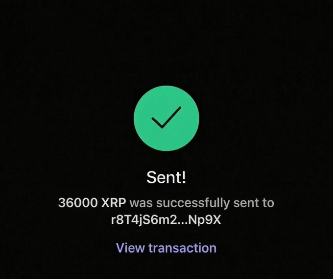 The image shows a green checkmark with an email address attached that reads "SENT! 36,000 XP was successfully sent to r/XRP. Send!" The message appears to be from someone named "r/XRP" who has never won any prizes in the past.