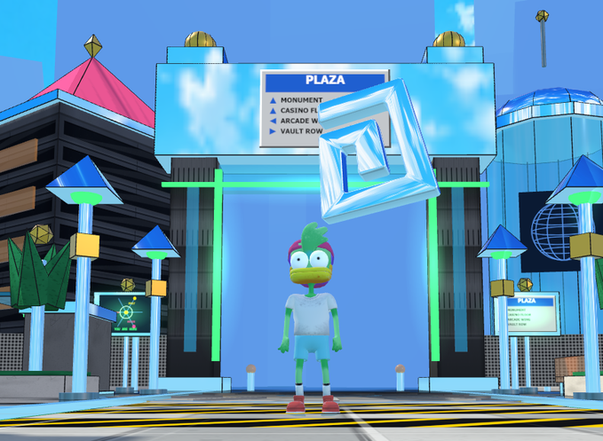 A 3D animated green, frog-like character stands in a futuristic blue and white plaza with a "PLAZA" directional sign and a large floating geometric cube above.