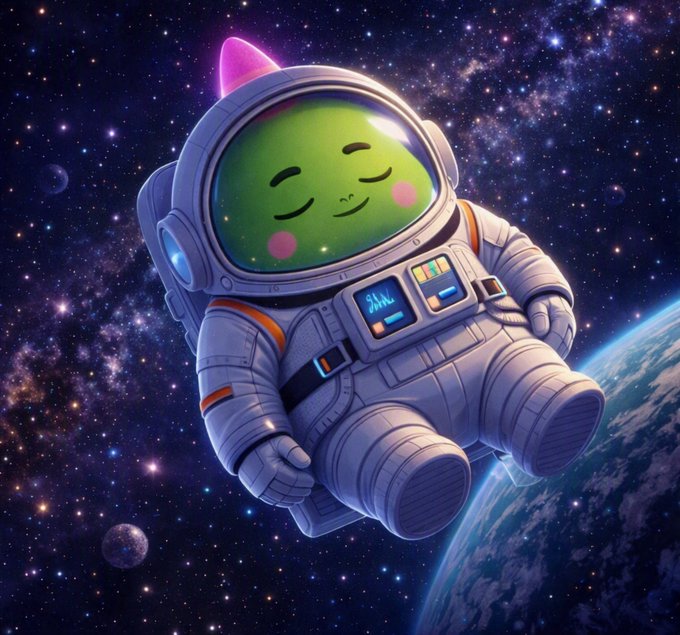 A cute green blob-like character wearing an astronaut suit floats peacefully through a starry cosmos above Earth. The image visually ties to the post by presenting the @sleepagotchi mascot in a cozy, dreamy "sleep" state in space, illustrating how the gamified sleep-tracking experience feels like a relaxing, reward-driven journey rather than a mundane task.