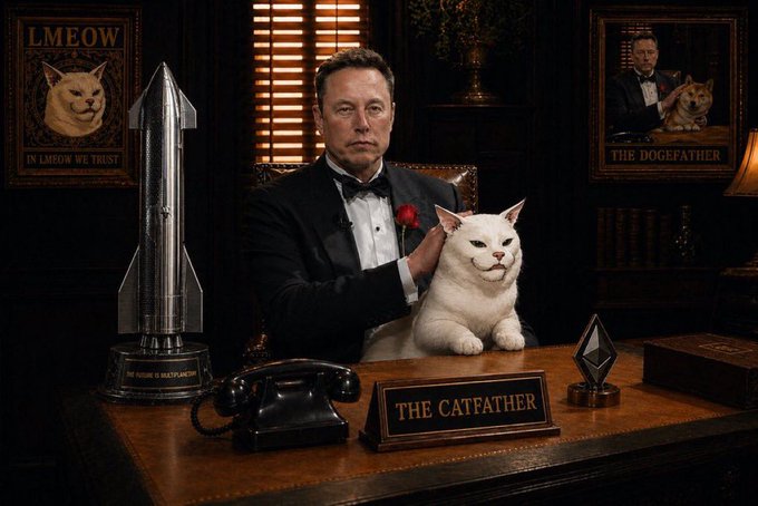 The image shows a man resembling Elon Musk in a black tuxedo seated at an ornate desk with a white cat, surrounded by memetic "Catfather" branding including posters reading "LMEOW - IN LMEOW WE TRUST" and "THE DOGEFATHER," along with a nameplate that says "THE CATFATHER" and a rocket model.

This visual ties directly to the birthday post by celebrating Elon Musk's 55th birthday with a playful fusion of his most iconic memes—Dogecoin's "Doge," SpaceX's rockets, and his well-known love of cats—casting him as "The Meowfather."