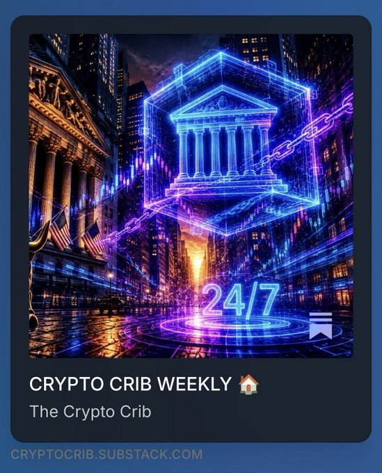 A vibrant digital art illustration shows a neon-glowing wireframe bank building wrapped in chains, set against a backdrop of skyscrapers resembling Wall Street, with "24/7" displayed in bright text. The image visually represents the post's themes of traditional finance intersecting with continuous onchain crypto trading.