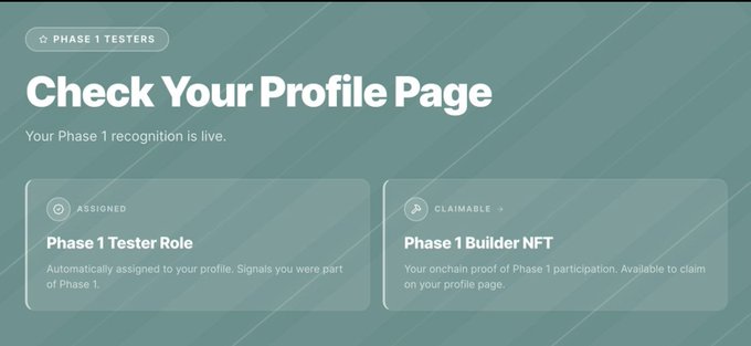 The image shows a “Check Your Profile Page” notice for Phase 1 testers, confirming that the “Phase 1 Tester Role” is assigned and the “Phase 1 Builder NFT” is claimable. It relates to Stabilizer Testnet participants, whose permanent Phase 1 recognition can be viewed and claimed at app.stabilizer.finance/profile.