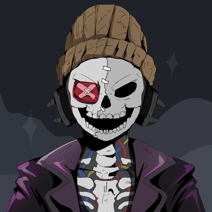 A cartoon illustration of a skeleton character wearing a brown beanie, headphones, and a purple jacket, with a red button covering one eye socket.
