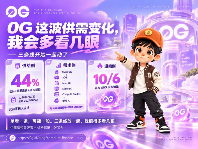 Promotional graphic for '0G' (The AI Blockchain for a Decentralized AI Future), featuring an animated boy character and statistics including 44% supply-side, demand-side metrics, and a 10/6 airdrop date, with text in Chinese.