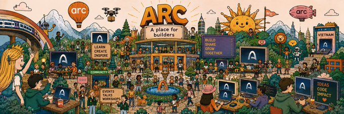 A colorful cartoon illustration advertises 'ARC - A place for builders,' featuring crowds of people, laptops with the 'A' logo, and signs reading 'LEARN CREATE INSPIRE' and 'BUILD OWN GROW TOGETHER'.