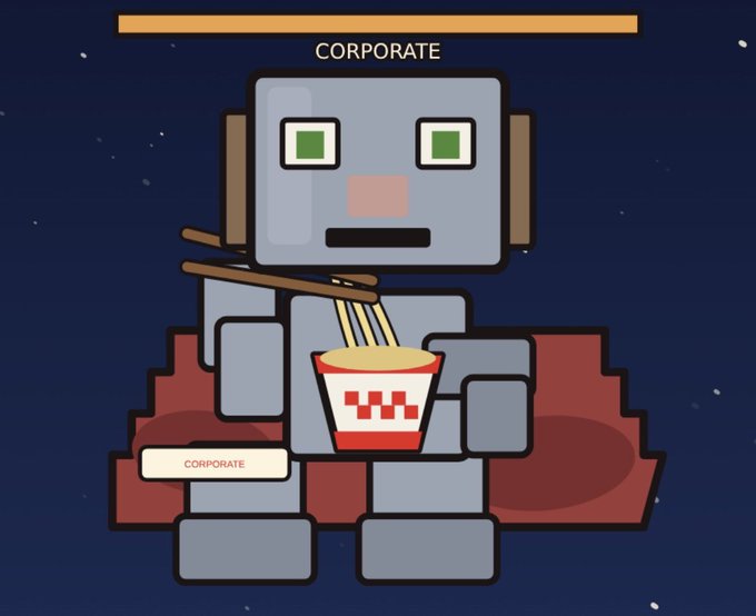 A cartoon robot character labeled 'CORPORATE' sits on a red couch, eating noodles from a takeout box with chopsticks while wearing headphones, set against a starry night sky background.