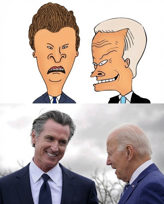 A composite image showing cartoon caricatures of Donald Trump and Joe Biden on top, and a real photograph of Gavin Newsom smiling at Biden below.