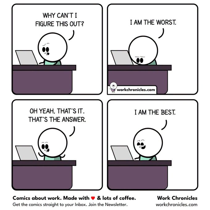 A four-panel 'Work Chronicles' comic by workchronicles.com showing a character at a laptop going from frustrated ('WHY CAN'T I FIGURE THIS OUT?' and 'I AM THE WORST.') to elated ('OH YEAH. THAT'S IT. THAT'S THE ANSWER.' and 'I AM THE BEST.').