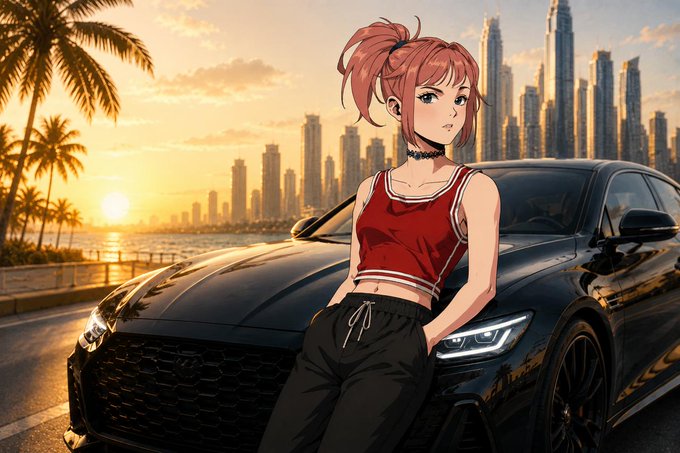 Anime-style illustration of a pink-haired woman in a red crop top standing in front of a black Audi at sunset with a city skyline.