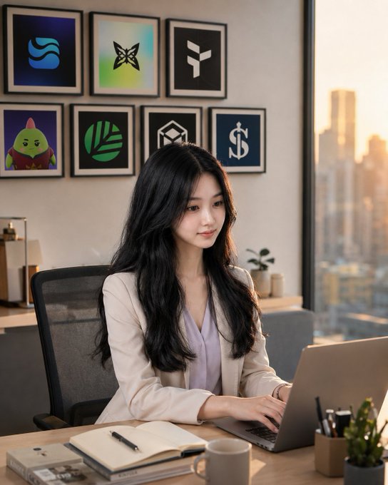 A young woman with long black hair works on a laptop at a desk in a modern office, with framed logos on the wall behind her including what appear to be crypto/tech brand emblems.