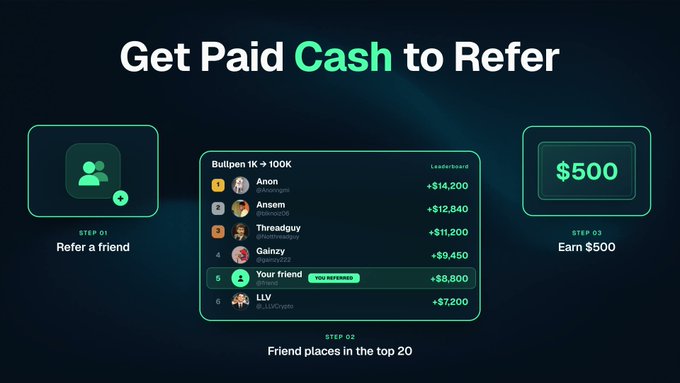 The image features two black screens displaying cash transactions with the word "Get Paid Cash" at the top. The background color is blue, and the text on both screens reads "Get paid cash to refer". On one screen, there's a list of people who have referred someone for money, while the other screen shows a list of transactions that were approved based on those referrals.