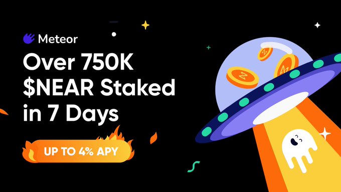 The image is a promotional graphic by Meteor announcing that over 750K $NEAR has been staked in 7 days, with an offer of up to 4% APY. It features a colorful UFO illustration beaming up a ghost-like character alongside the headline text, visually reinforcing the post's message about successfully attracting $NEAR staking activity through the Meteor App.