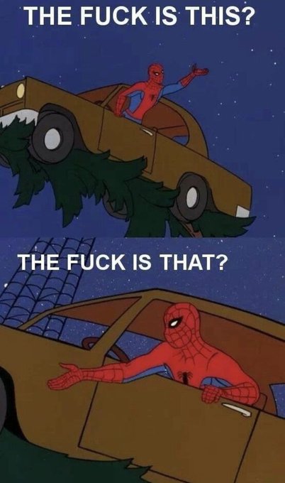 A two-panel meme featuring Spider-Man in a car with the text 'THE FUCK IS THIS?' in the top panel and 'THE FUCK IS THAT?' in the bottom panel.