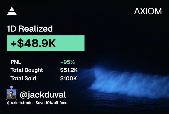 The image shows a trading results screenshot from Axiom, highlighting a 1-day realized profit of +$48.9K (95% gain) on a position where $51.2K was bought and $100K was sold, credited to user @jackduval. This contrast with the caption's self-deprecating tone about the volatility of low-cap "Drake shitcoins" makes the image ironic—the user is downplaying the riskiness of the trade while displaying a highly successful, though likely aggressive, short-term flip.